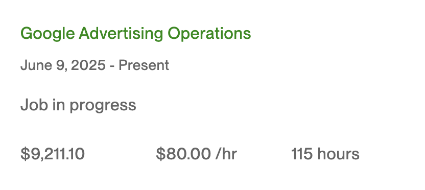 Upwork contract screenshot - $9,211.10 at $80/hour