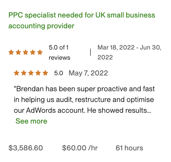Upwork contract screenshot - $3,586.60 at $60/hour