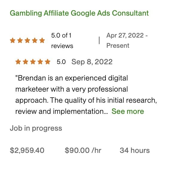 Upwork contract screenshot - $2,959.40 at $90/hour