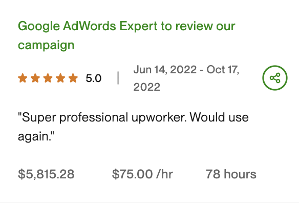 Upwork contract screenshot - $5,815.28 at $75/hour